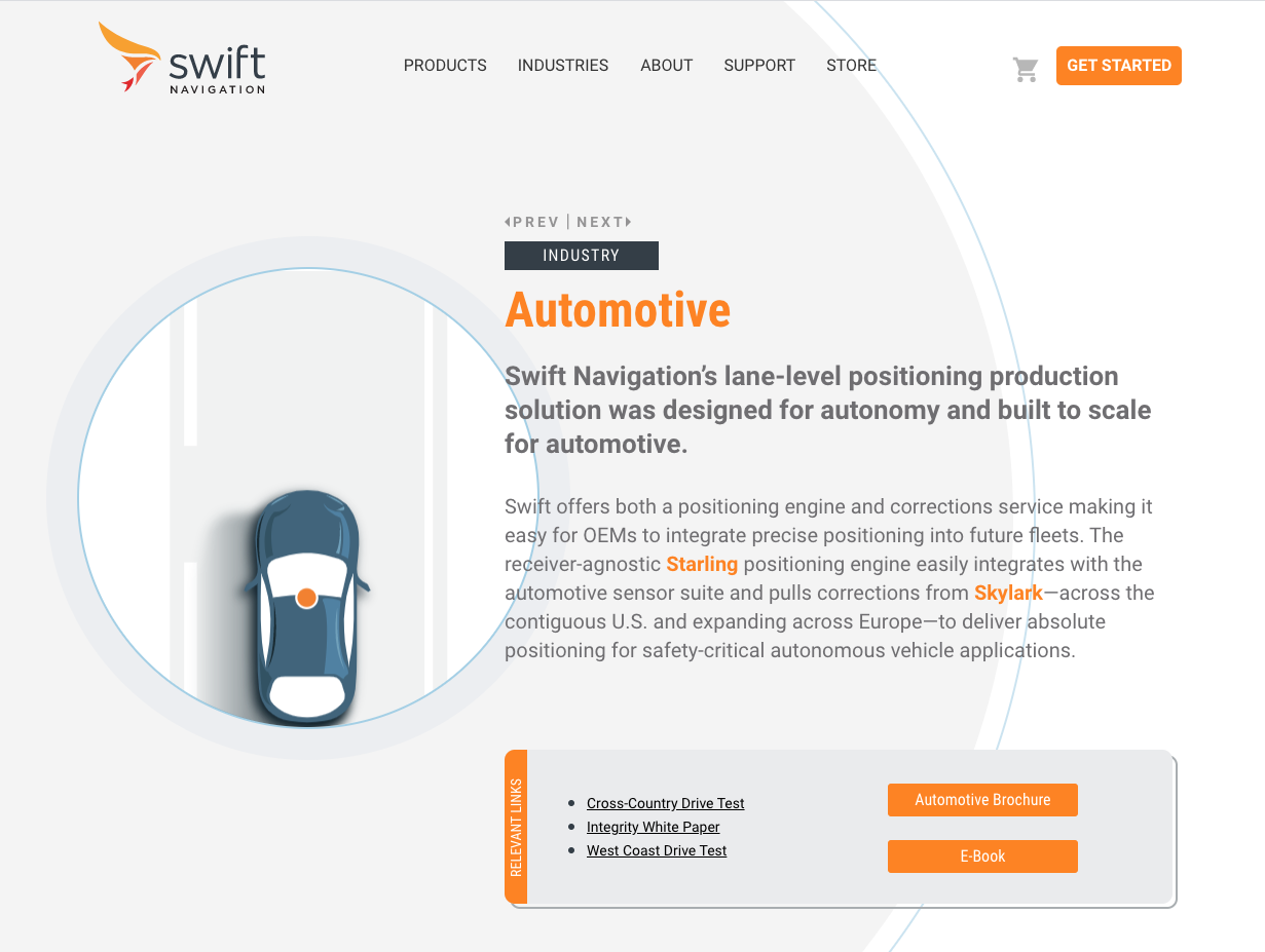 Swift Navigation example of a product page